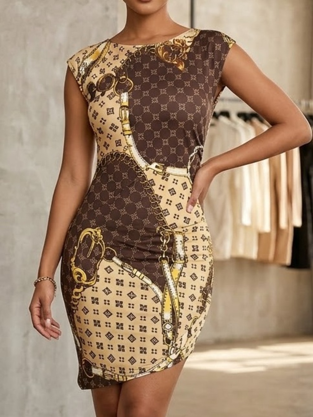 Fashion Nova Beige, Brown & Yellow Chain-Print Midi Dress